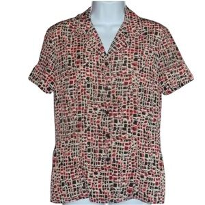 Notations Black Red Beige Print Button Down Top, Short Sleeve, with Collar, S